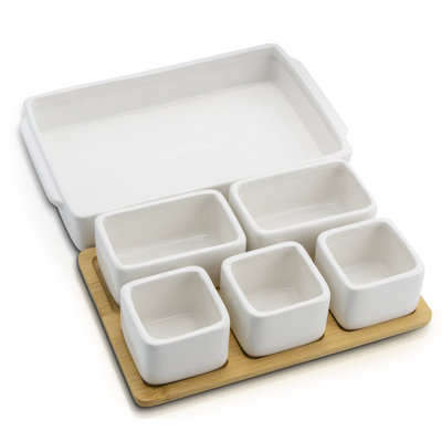 Ensemble de 7 assiettes à condiments avec plateau en bambou, céramique