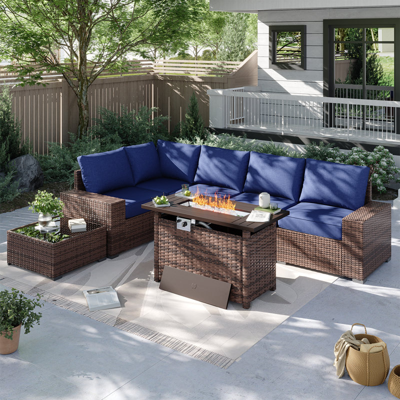 7-pieces Patio Furniture Set With 44" Propane Gas Fire Pit Table, Blue Cushion/Brown Frame