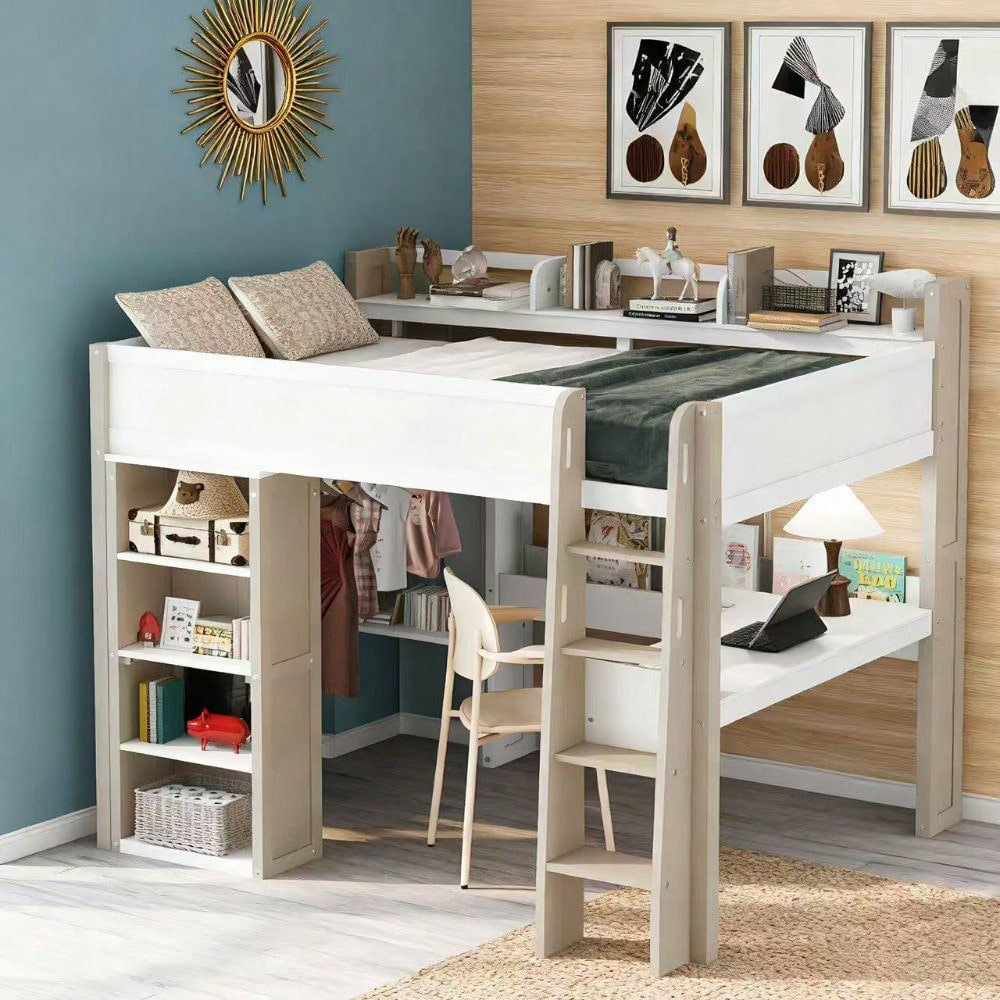 One Allium Way® Full Size Wood Loft Bed with Built-In Desk, Storage ...