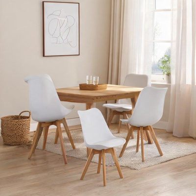 White Faux Leather Side Chairs, Set of 4, Medieval Modern Dining Seating with Wood Legs