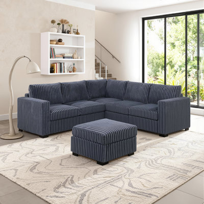 Modular 4-piece Sectional With Ottoman & Fur-like Corduroy, L-shaped Design