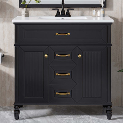 Meuble-lavabo 36 po avec lavabo, meuble autoportant avec lavabo en céramique, cadre en bois aggloméré et en bois massif, tiroir supérieur rabattable, portes à fermeture en douceur, 2 tiroirs de rangement, poignées dorées