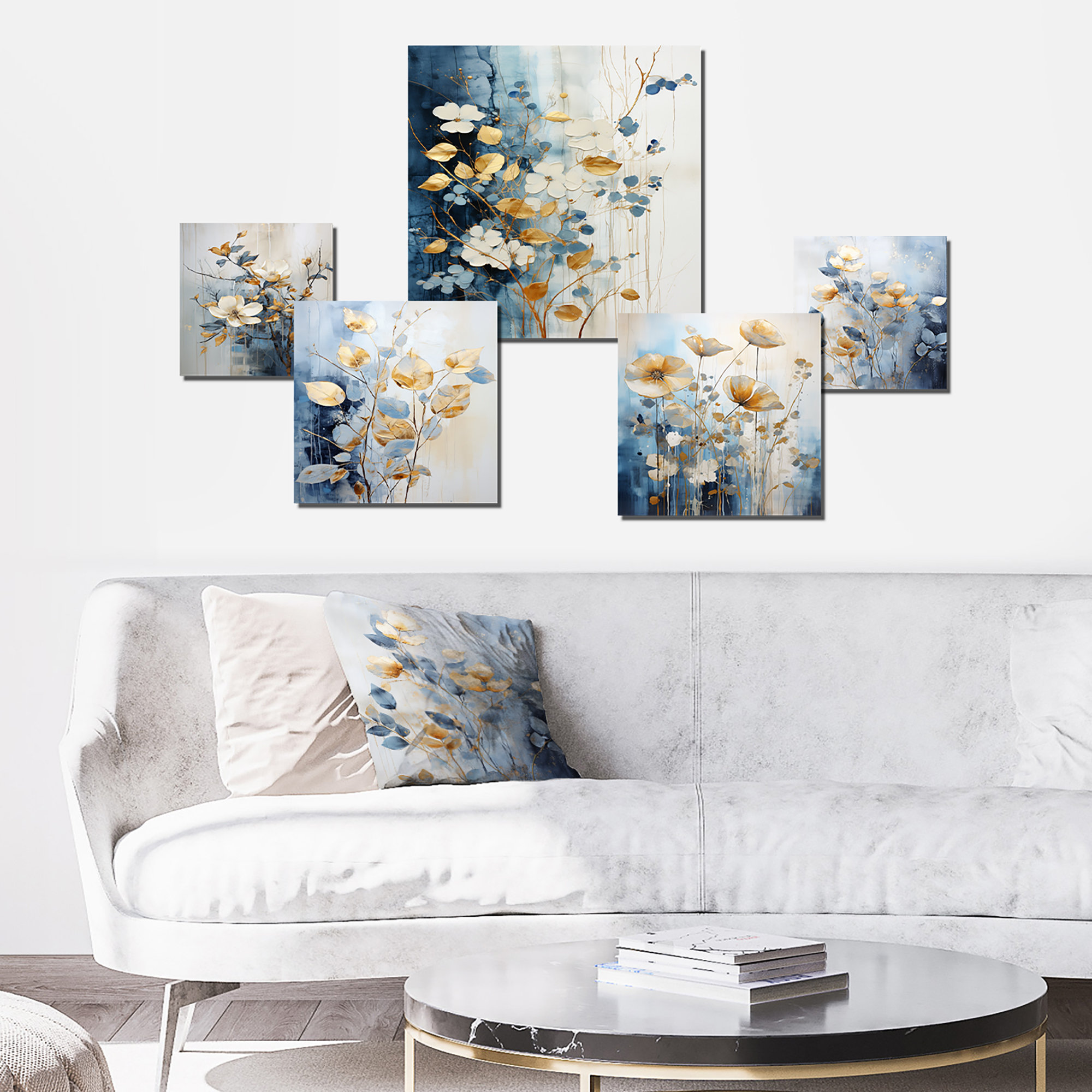 Lark Manor Beige And Blue Flower Garden Delight - Flowers Wall Art Set ...