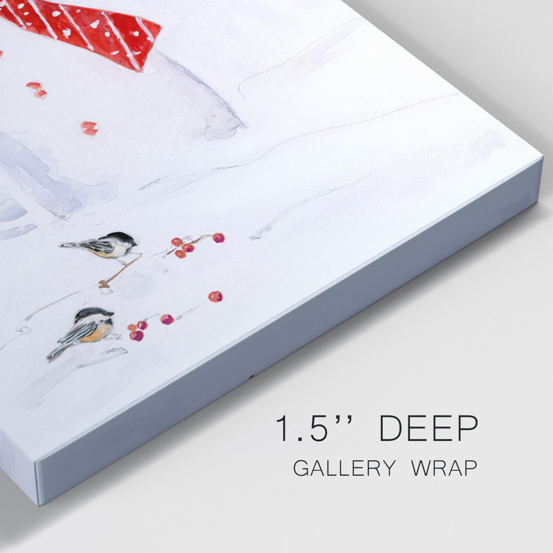 «Snowman And Chickadee Friends I», toile tendue avec châssis de qualité supérieure - prête à être accrochée