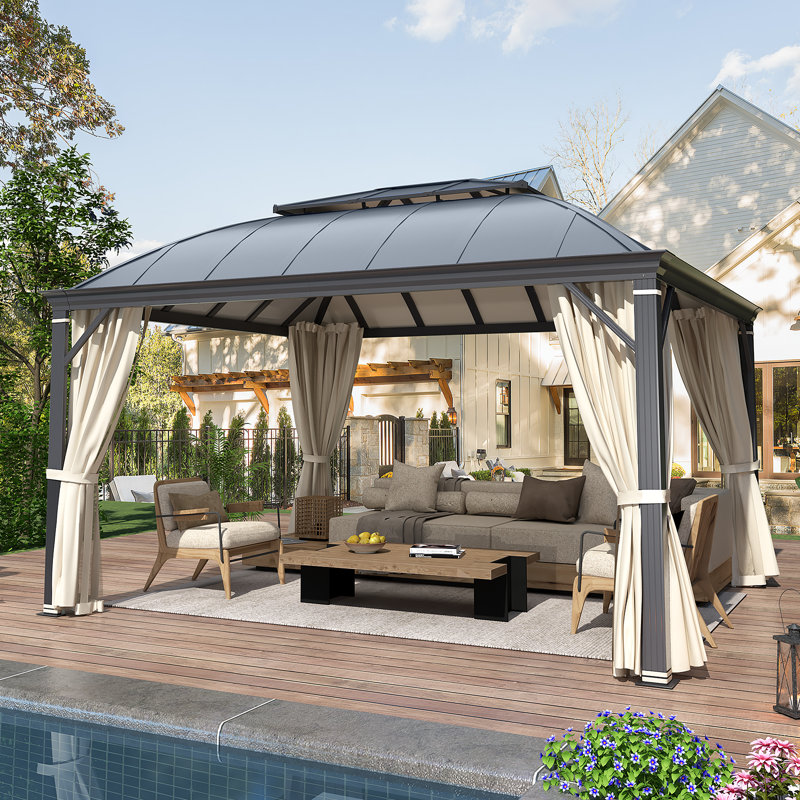 12'x14' Hardtop Gazebo, Permanent Outdoor Aluminum Patio Gazebo With Aluminum Composite Double Arc Roof For Patio Lawn And Garden, Curtains And Netting Included