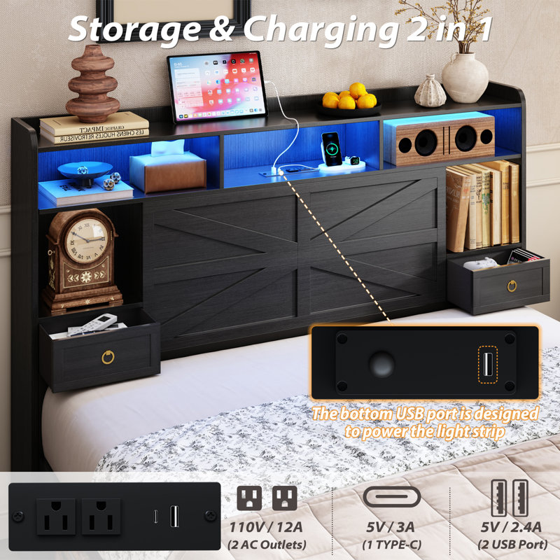Full Size Farmhouse Industrial Storage Bed with 2 Footboard Drawers and Storage Headboard, USB&AC Charging Station, APP & Remote RGB Lights, Noise-Free, No Box Spring Needed