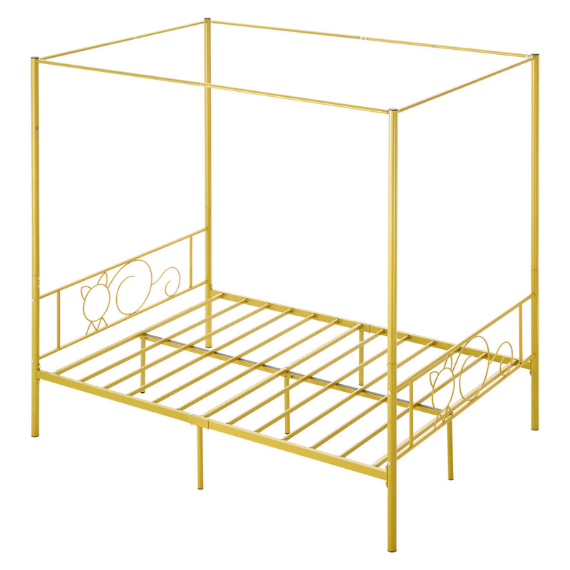 Structure de lit à baldaquin pleine grandeur, lit à baldaquin en métal avec tête de lit minimaliste et quatre affiches, support de lattes en acier robuste, espace de rangement sous le lit, aucun sommier requis, assemblage facile, doré