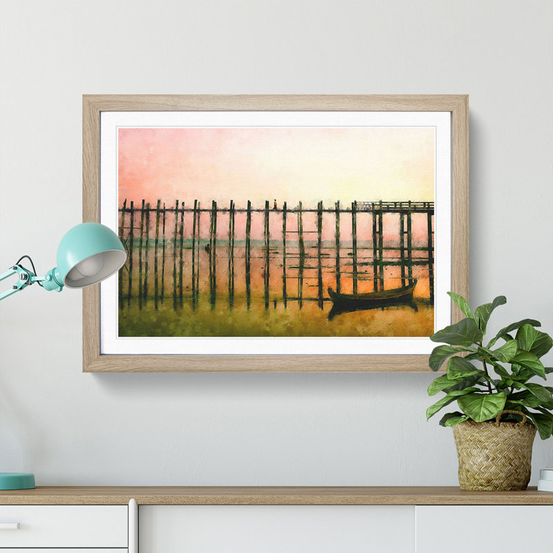U Bein Bridge in Myanmar - Picture Frame Painting Print, 33cm H x 45cm W x 2cm D, Oak Framed