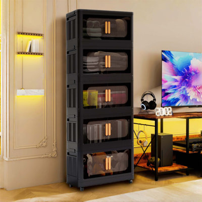 24-Inch Wide Folding Storage Cabinet with 5 Tiers, Magnetic Door, and Wheels for Easy Mobility and Organization