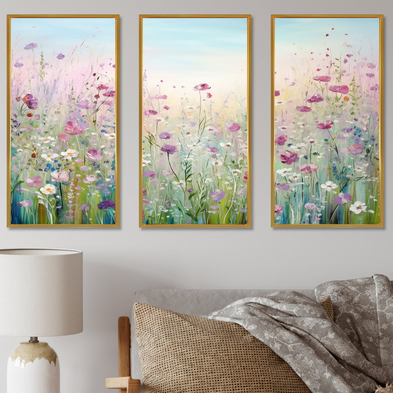 Goncalves - ensemble d'art mural champ de fleurs, Cadre flottant doré, H 40 po x l 60 po x P 1 po