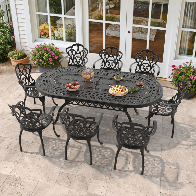 Viesville 81.89” L 41.34" W Oval Table Cast Aluminum Outdoor Dining Set with Umbrella Hole and Beige Cushions, 8