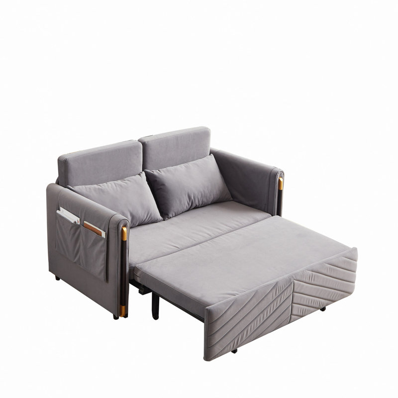 Canapé-lit moderne convertible de 54 po avec 2 pochettes détachables pour accoudoirs, canapé-lit ajustable multi-positions en velours avec lit escamotable, tête de lit, 2 coussins et salon