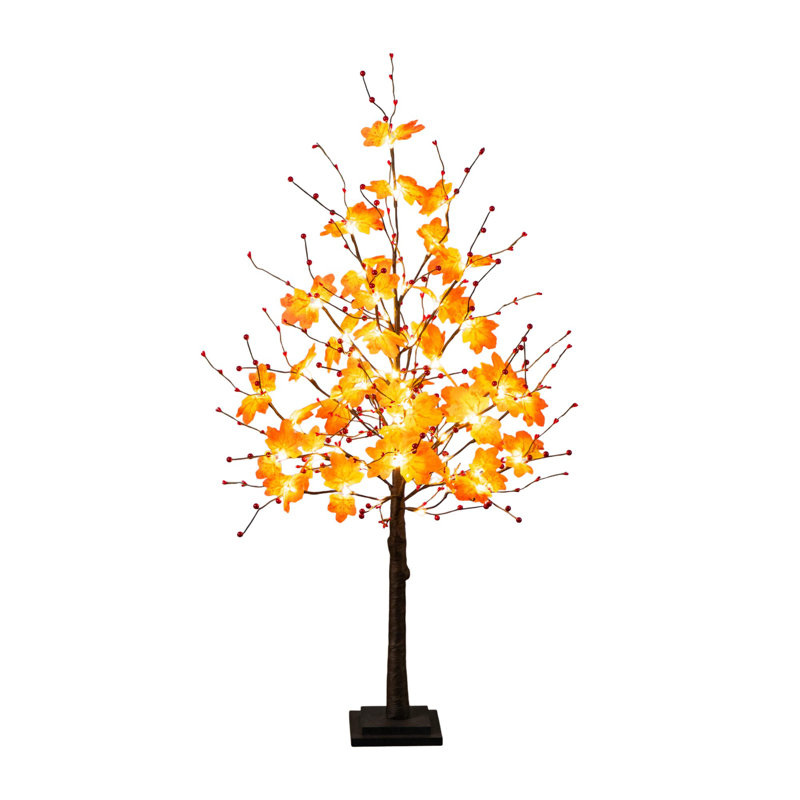 Pre-Lit Autumn Maple Artificial Fall Tree With Berries And 96 Warm White LED Lights, 48" H x 18" W x 16" D