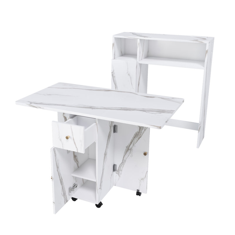 Table de salle à manger pliante en marbre blanc avec abattants et rangement mural, Marbre blanc