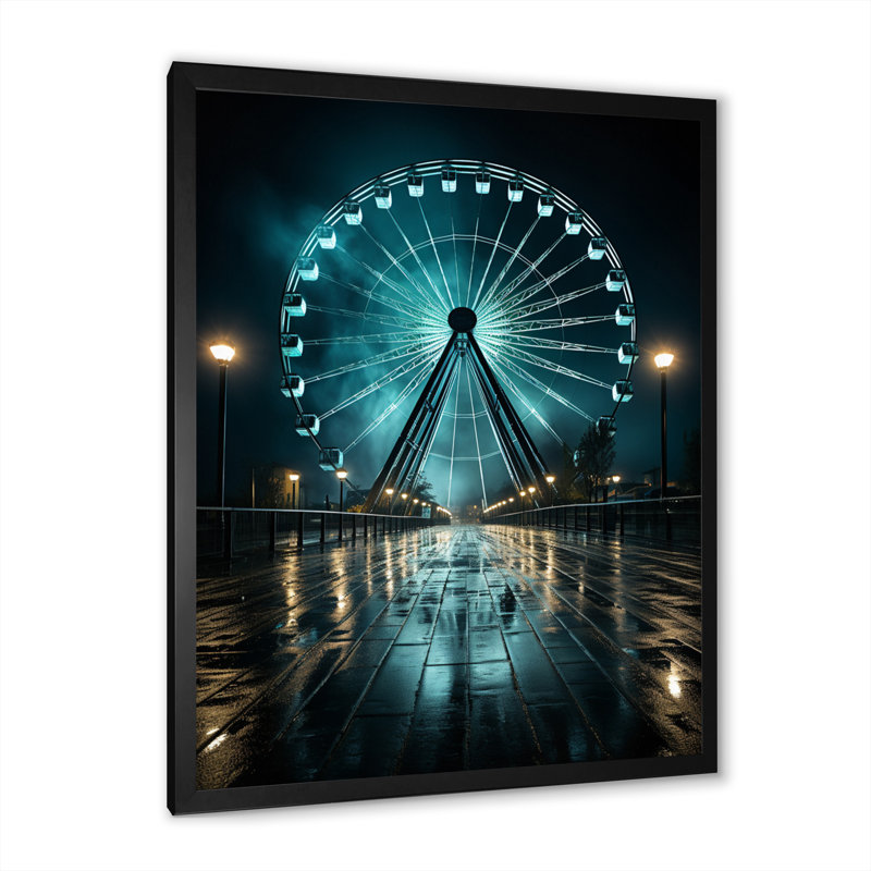 «Teal Ferris Wheel Nighttime Thrills», reproduction sur toile, H 32 po x l 24 po x P 1 po, Cadre photo noir