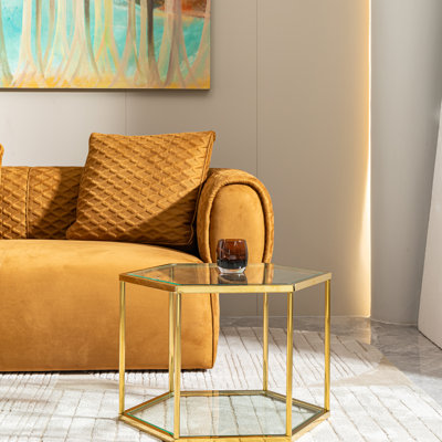 Table d'appoint hexagonale Luxury | Plateau en verre trempé transparent | Cadre doré en acier inoxydable | Pour le salon, la chambre à coucher, le bureau | Idée de cadeau