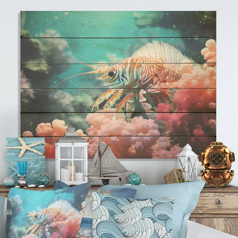 «Mantis Shrimp Dance I - Coastal Coral Under Water Wood», art mural sur bois de pin naturel, H 24 po x l 32 po