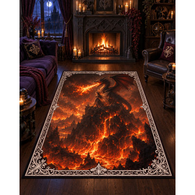Tapis « Ultra Fin » 152 x 213 cm (5 pi x 7 pi) à motif de dragon de feu au-dessus d'un volcan, idéal pour la chambre, le salon et le bureau à domicile. Moquette douce à poils courts avec envers antidérapant en silicone.