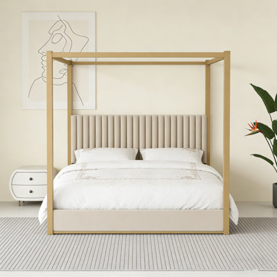 King Size Upholstery Canopy Platform Bed With Headboard And Metal Frame, Beige