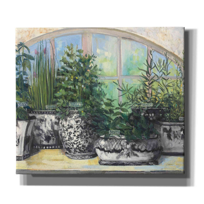«Aanik Windowsill Herbs Bw Vases Crop On Canvas» par Carol Rowan, H 26 po x l 30 po x P 1,5 po
