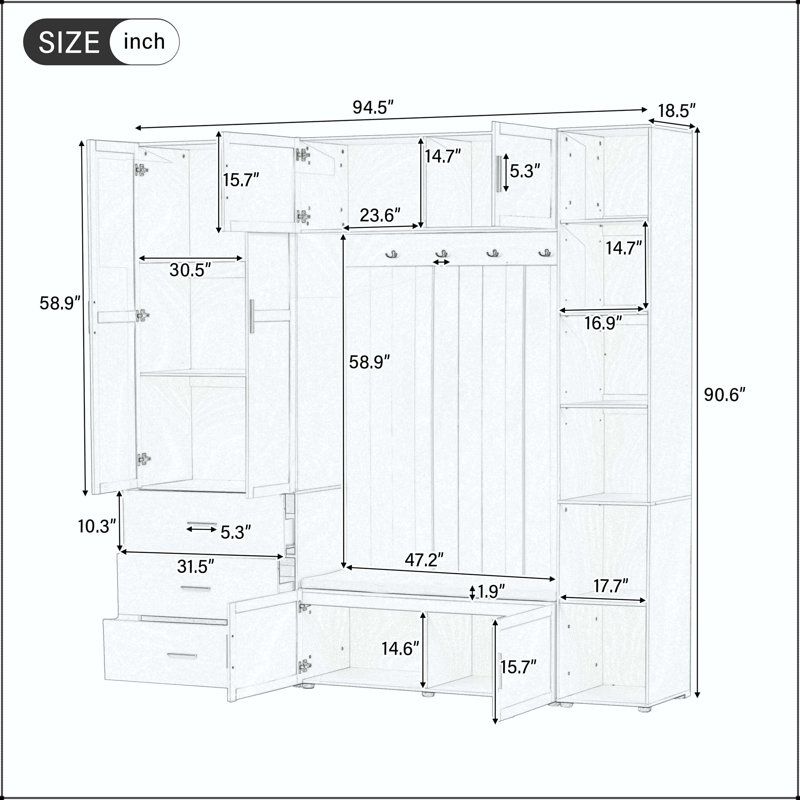 American Style 4-in-1 Hall Tree with Padded Bench & Adjustable Shelves, Ancient White