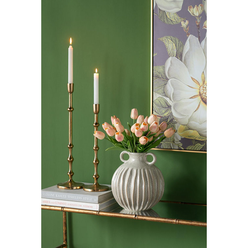Decorative Round Ceramic Flower Vase with Small Handles and Textured Motif - 9" x 9" x 10" - Gold