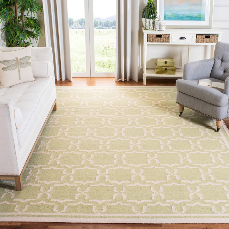 Tapis en laine / coton tissé à la main à plat Rodgers en ivoire / vert clair, Rectangle 6 pi x 9 pi