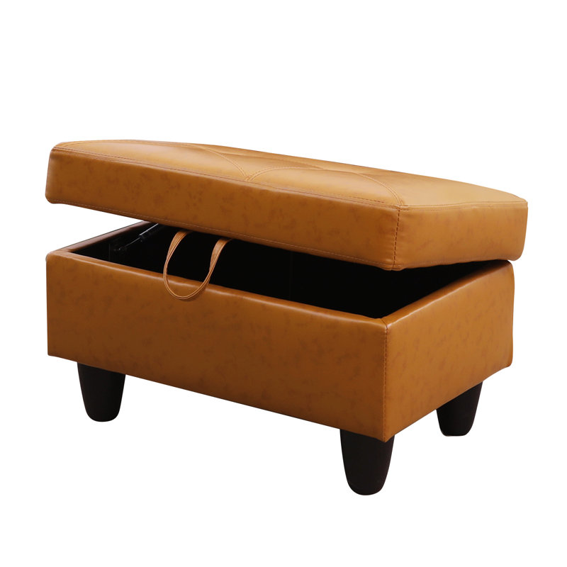 Faux Leather Storage Ottoman With Spacious Interior, Turmeric