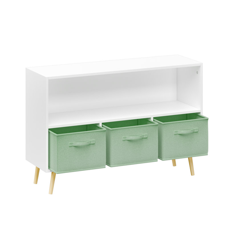Bibliothèque blanche et verte avec tiroirs en tissu pliables pour enfants