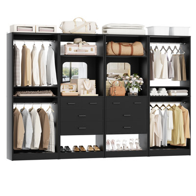 Système de placard 100 po avec tiroirs, organisateur de placard avec tringles de suspension et miroir
