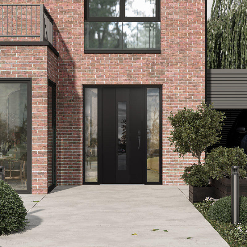 Porte d'entrée pré-suspendue en acier noir avec panneau latéral Diamond A., L 69 po x H 81,69 po, Transparent, Noir