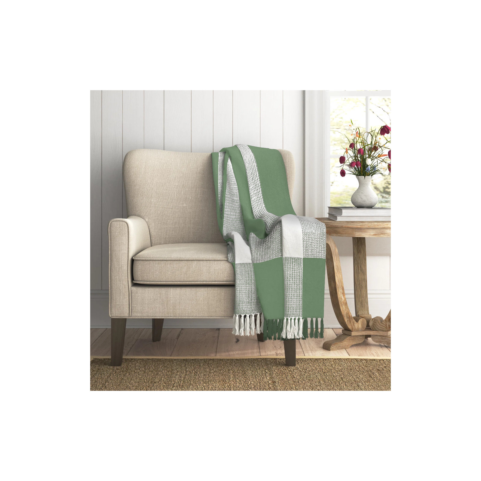  Plaid Cotton Blanket, Light Green
