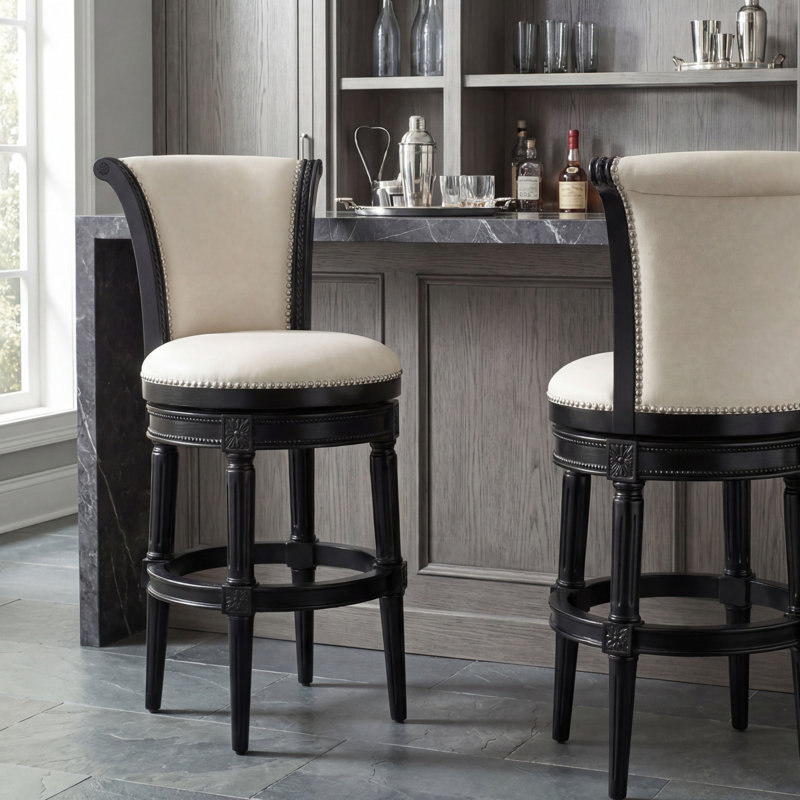 Upholstered Swivel Counter and Bar Stool, Bar Stool (31" Seat Height), 1, White Faux Leather Seat/Obsidian Black Frame