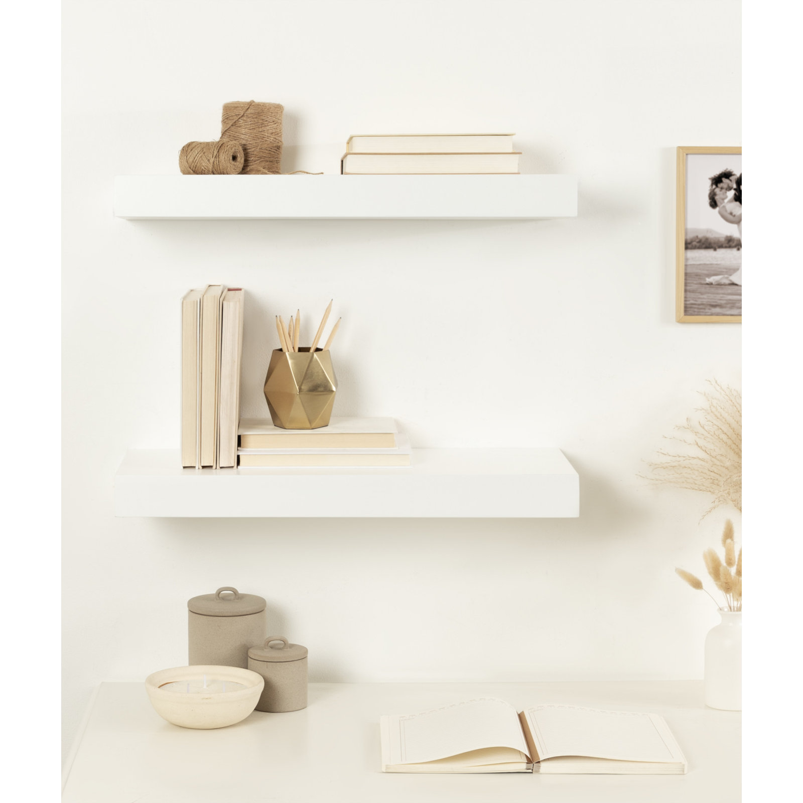 Jeremiah 2 Piece Picture Ledge Wall Shelf, White, 2.3" H x 24" W x 8" D