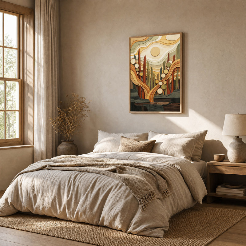 Tableau sur toile représentant un paysage de bois stratifié avec soleil et herbes, H 24 po x l 18 po
