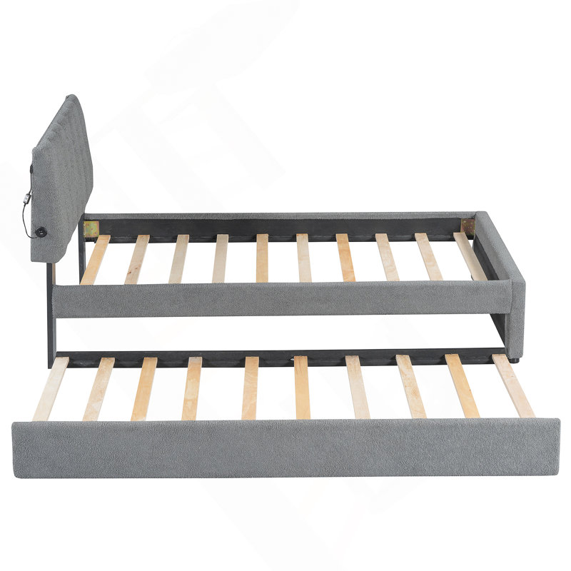 Lit plateforme rembourré en molleton avec lit gigogne et éclairage à DEL intelligent Teddy, Gris