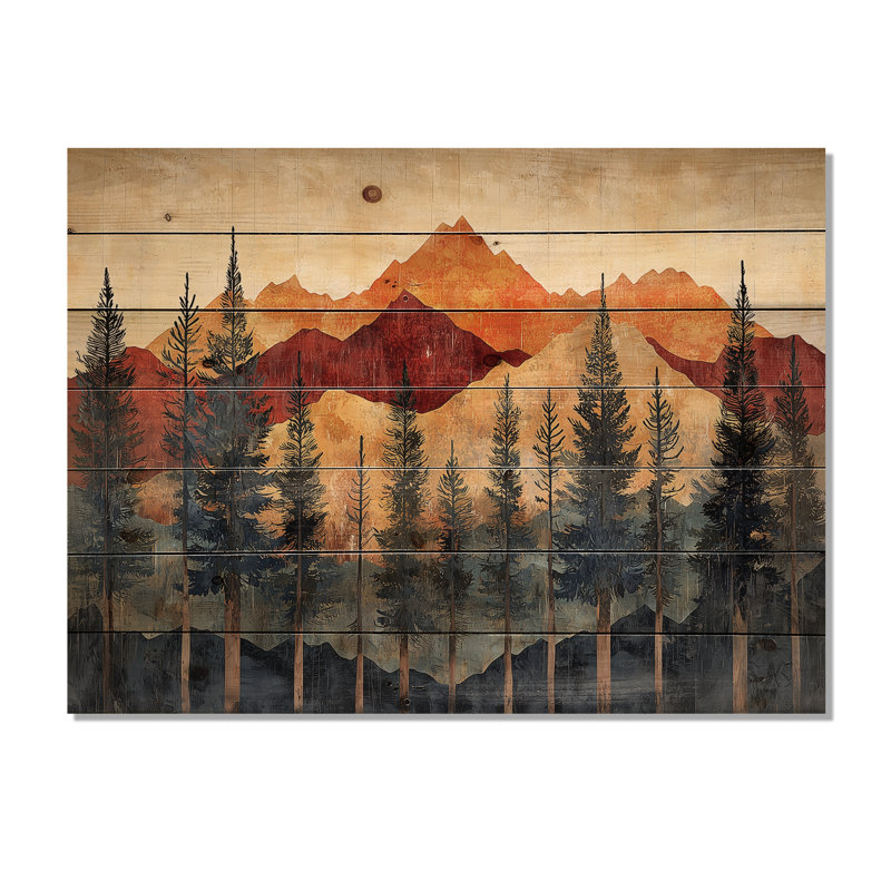 Montagnes d'automne dans la canopée II - paysage de montagne, décoration murale en bois - sur bois de pin naturel