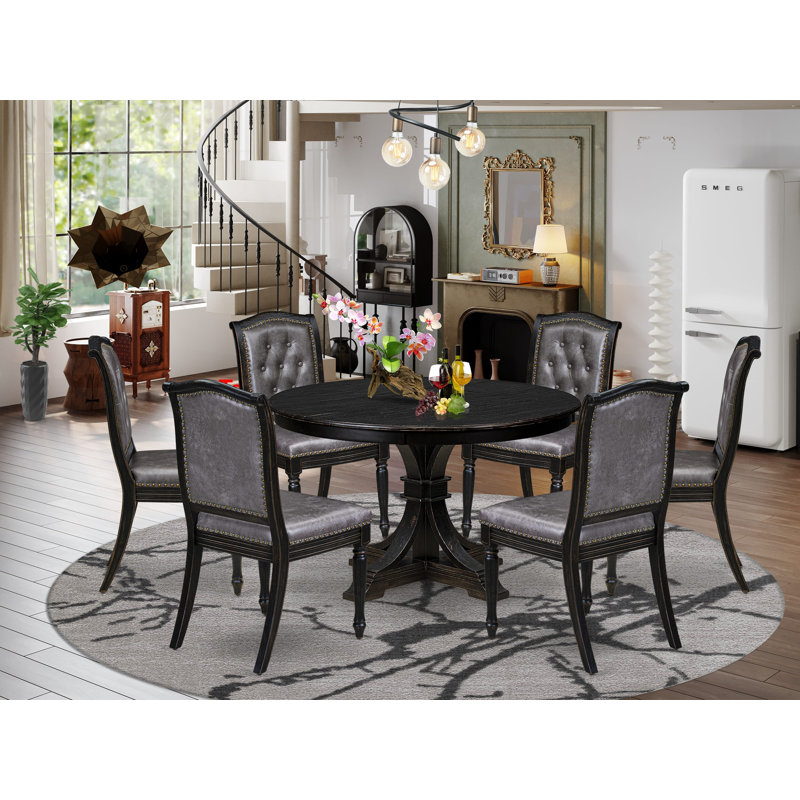 Table ronde 7 pièces et 6 chaises en polyester avec dossier capitonné, noir sablage, 7 Pieces: Table, 6 Chairs