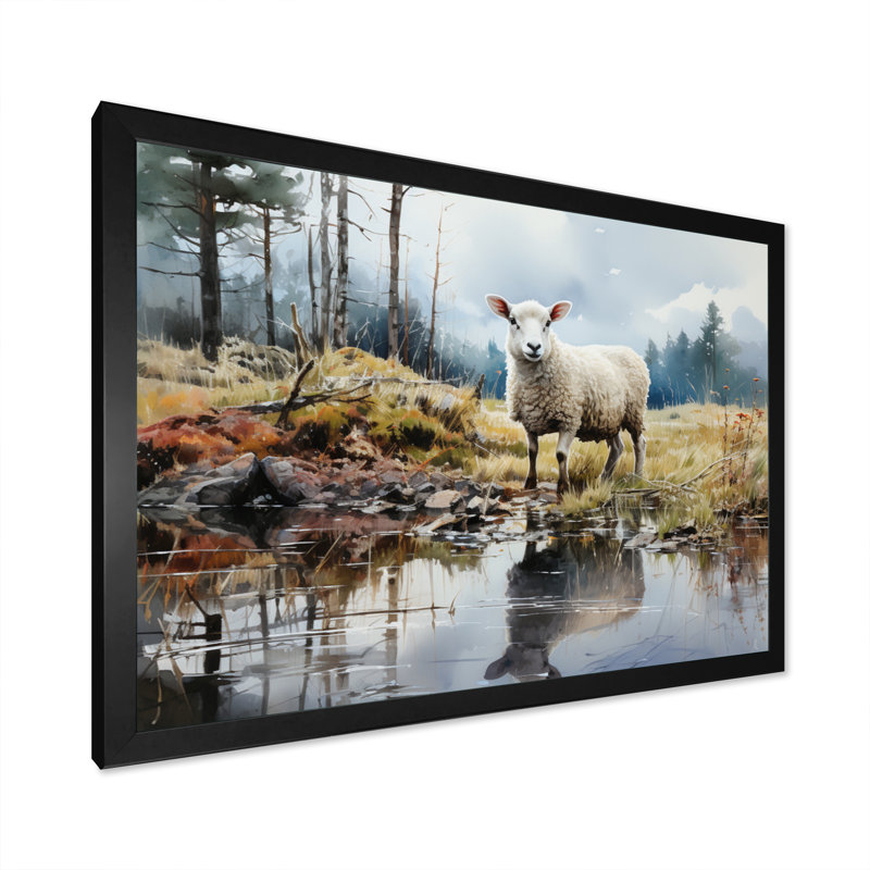 Sheep Reflection - reproduction sur toile, Cadre simple noir, H 34 po x l 44 po x P 1,5 po