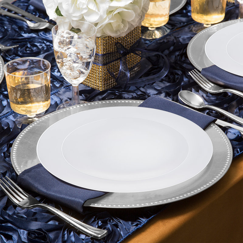 White with Silver Rim Organic Round Disposable Plastic Wedding Value Set - 60 Settings