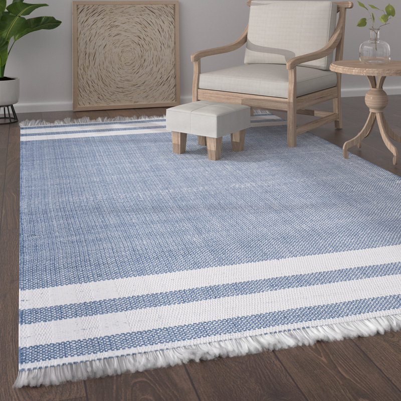 Elena Handwoven Striped Blue/White Indoor/Outdoor Performance Rug, Rectangle 9' x 12'