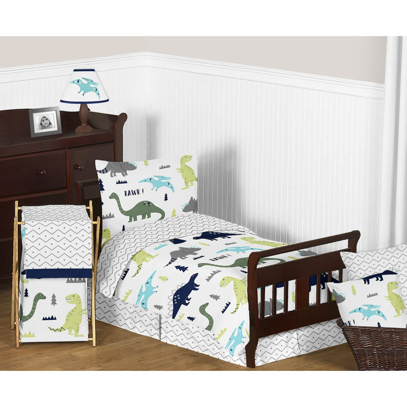 Blue and Green Dinosaur Toddler Bedding Set with Chevron Print