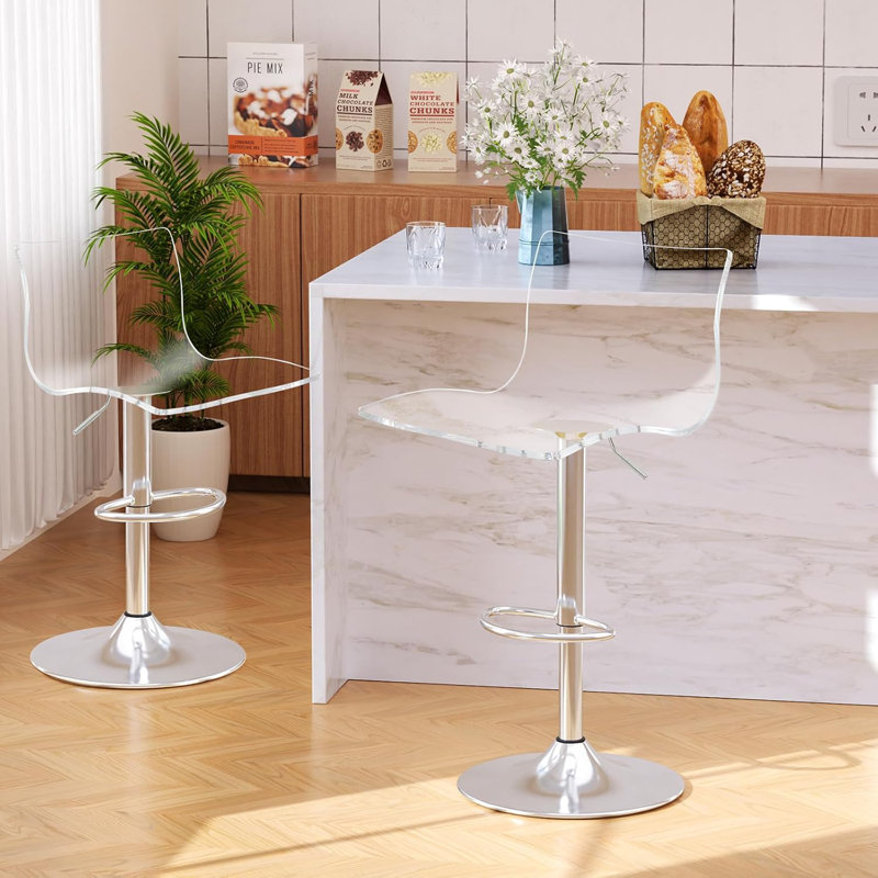 Juddson Acrylic Bar Stools With Mid Back, Adjustable Swivel Airlift Barstools, Counter Height Bar Chairs For Kitchen Dining Pub Cafe (Clear)
