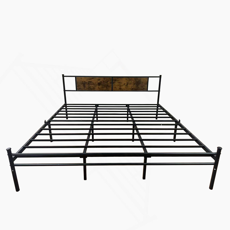 Structure de grand lit avec tête et pied de lit en bois, plateforme en métal pour sommier grand sommier, lattes en métal robustes, aucun sommier requis
