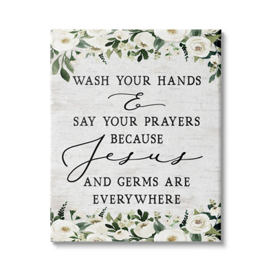 «Wash Hands Say Say Prayers Jesus Germs Everywhere», gris, surdimensionné, rustique, giclée, art texturé par lettres et lignes