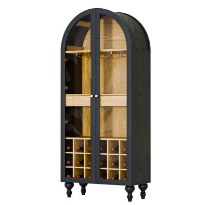 Arched Modern Wine Cabinet With Glass Doors, Drawer, And Wine Rack, 3-Tier Freestanding Liquor Storage With Gold Handles, For Dining Room Or Living Ro by Latitude Run