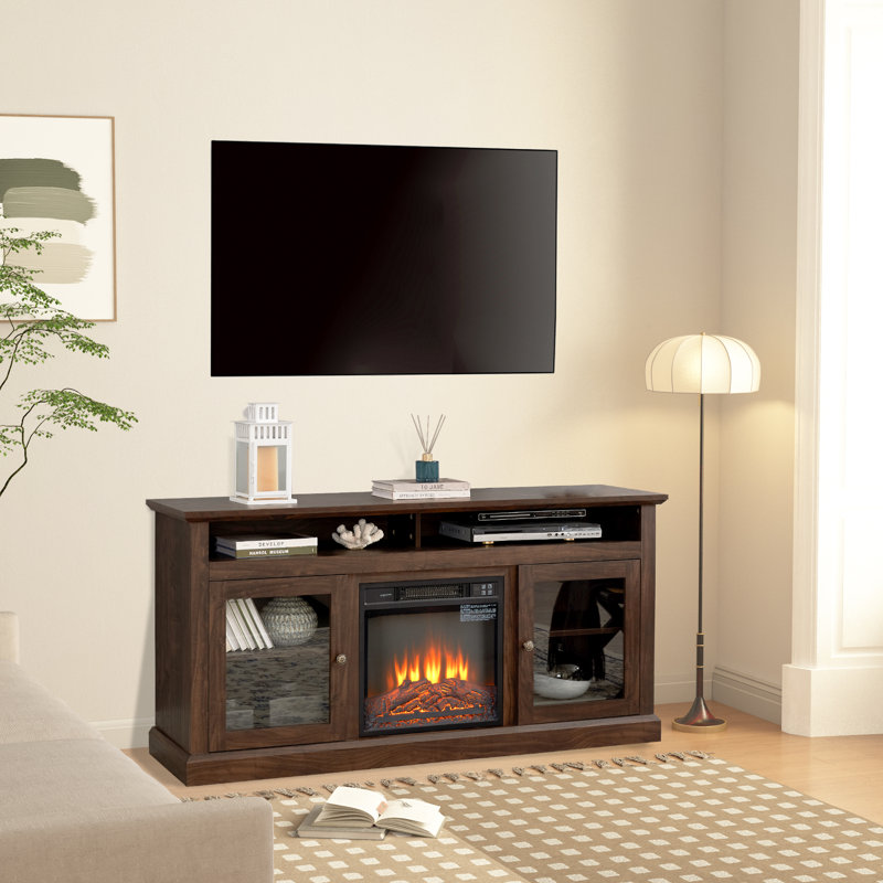 Meuble télé contemporain Lark Manor ™, console de divertissement moderne avec foyer électrique encastré, Gris pierre