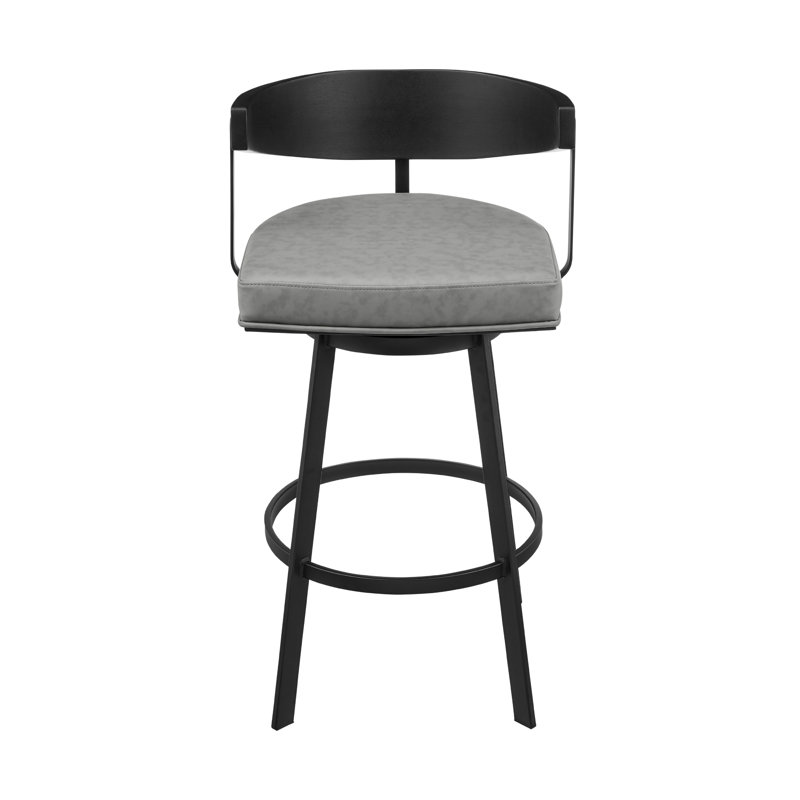 Ahzhane Modern Swivel Counter or Bar Height Barstool with Arms and Open Low Back in Iron with Wood and Faux Leather