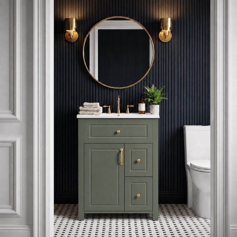 Ensemble de meuble-lavabo autoportant simple avec 2 tiroirs et deux supports de rangement sur la porte, Olive Green