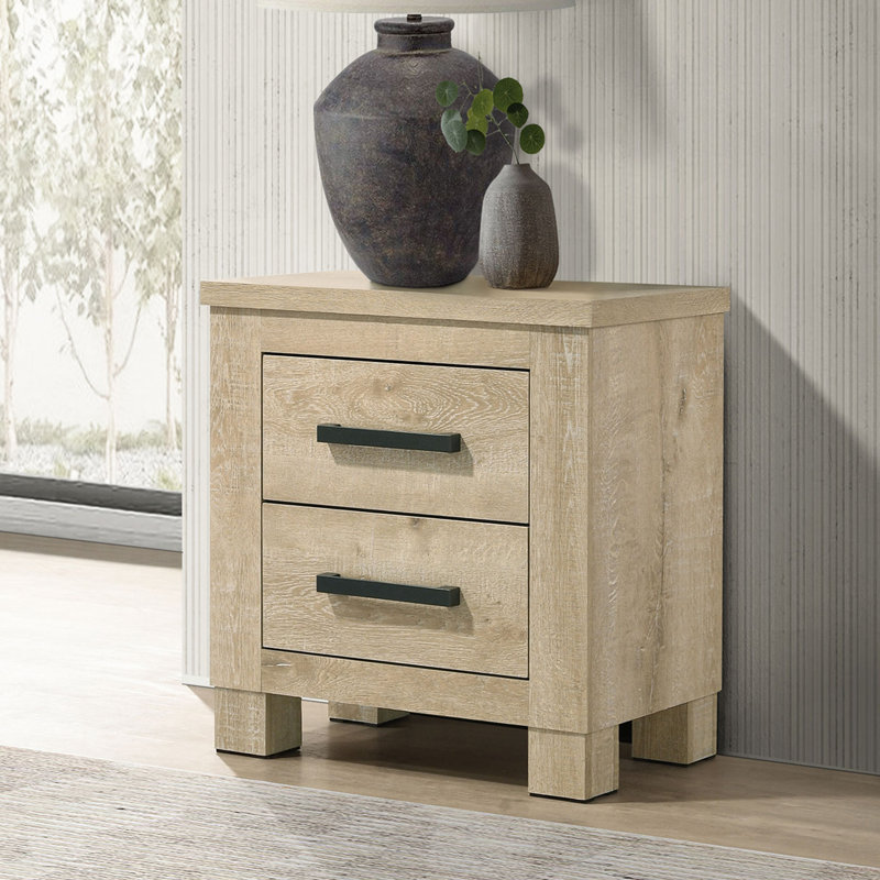 Table de chevet 2 tiroirs en bois avec poignées bronze foncé et chêne vieilli